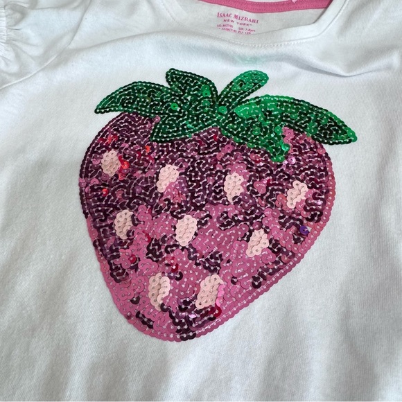 Isaac Mizrahi Girl’s Sequins Strawberry Short Puff Sleeve White Tee - Picture 2 of 5